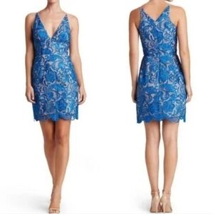 DRESS THE POPULATION ALLIE LACE MINI DRESS IN COBALT BLUE SIZE MEDIUM